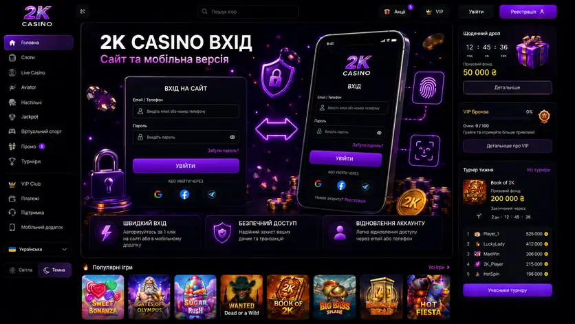 Форма входу 2K Casino на сайті та в мобільній версії