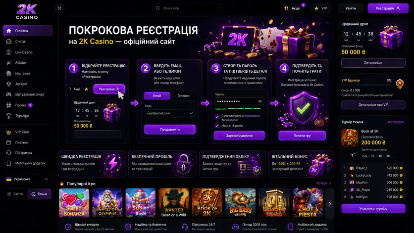 Покрокова реєстрація на 2K Casino: чотири екрани від кнопки реєстрації до підтвердження акаунту