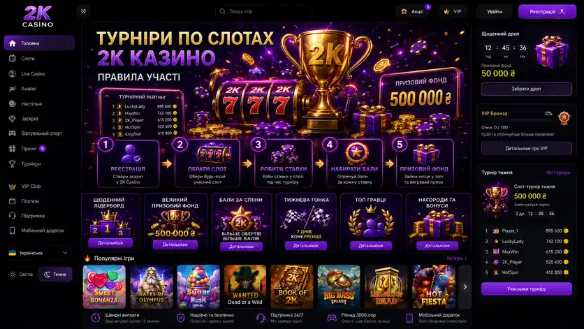 Правила участі в турнірах по слотах 2K Casino: п'ять кроків від реєстрації до призового фонду