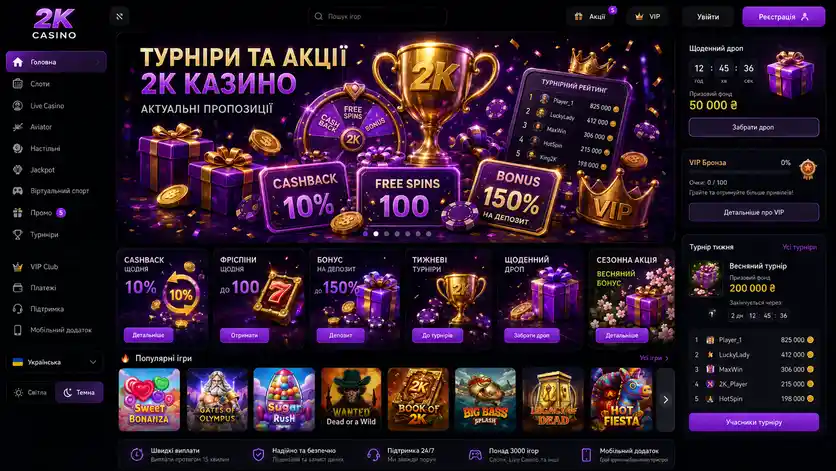 Сторінка турнірів та акцій 2K Casino з турнірним рейтингом гравців